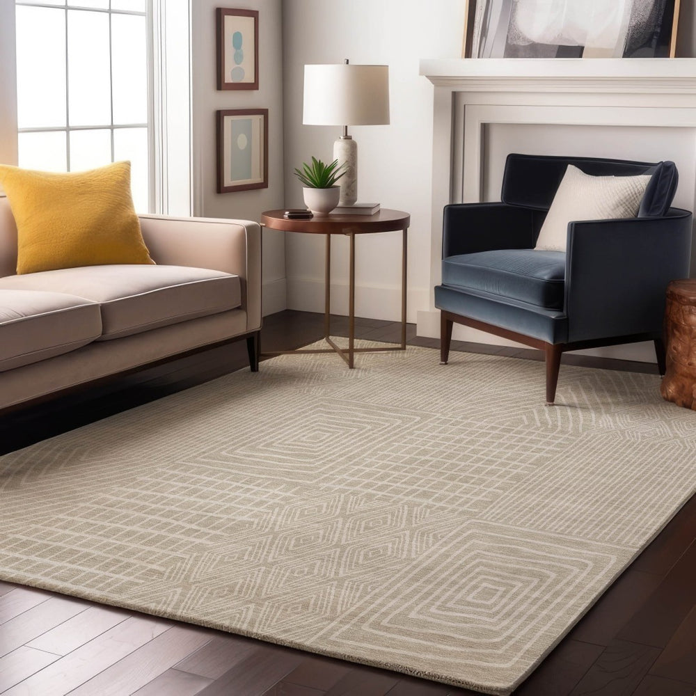 HomeRoots 10' X 14' Beige and Ivory Geometric Area Rug - Washable, UV Protected, Ideal for Busy Homes & Families 678035