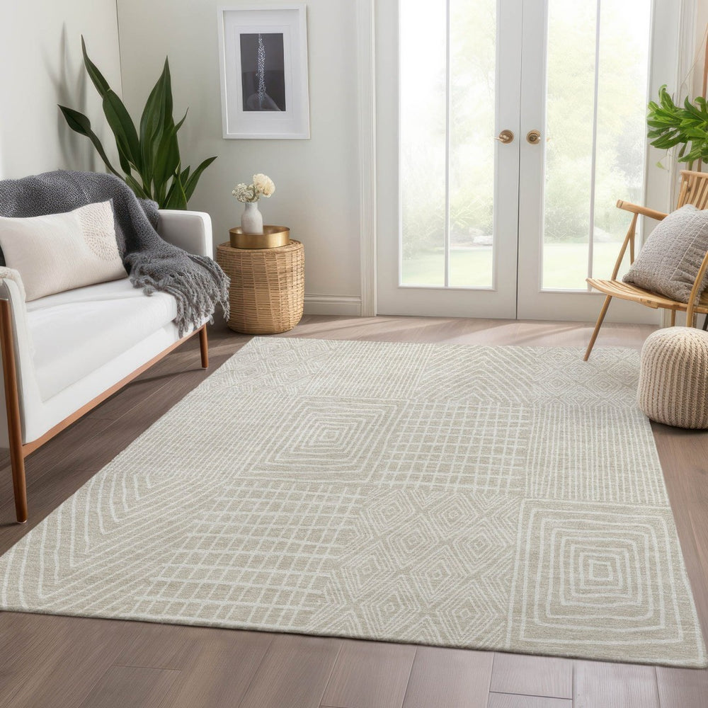 HomeRoots 10' X 14' Beige and Ivory Geometric Area Rug - Washable, UV Protected, Ideal for Busy Homes & Families 678035