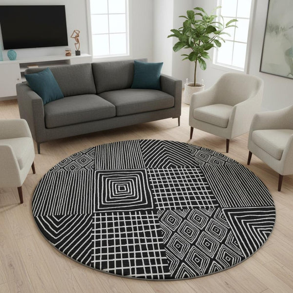HomeRoots 8' Black and Ivory Geometric Washable Round Rug - Durable, Stylish, UV-Protected for Family Spaces 678038