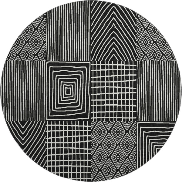 HomeRoots 8' Black and Ivory Geometric Washable Round Rug - Durable, Stylish, UV-Protected for Family Spaces 678038