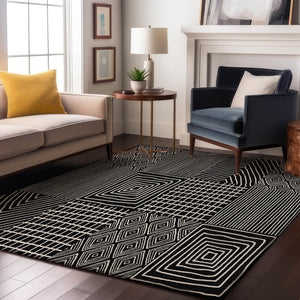 HomeRoots 9' X 12' Black and Ivory Geometric Area Rug - Washable, UV Protected, Durable for Busy Homes! 678040