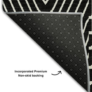 HomeRoots 9' X 12' Black and Ivory Geometric Area Rug - Washable, UV Protected, Durable for Busy Homes! 678040