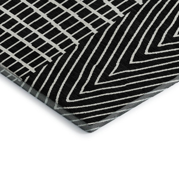 HomeRoots 9' X 12' Black and Ivory Geometric Area Rug - Washable, UV Protected, Durable for Busy Homes! 678040