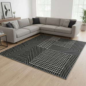 HomeRoots 10' X 14' Black And Ivory Geometric Area Rug - Stylish, Washable, Stain-Resistant & UV Protected! 678041