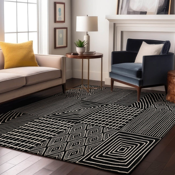 HomeRoots 10' X 14' Black And Ivory Geometric Area Rug - Stylish, Washable, Stain-Resistant & UV Protected! 678041