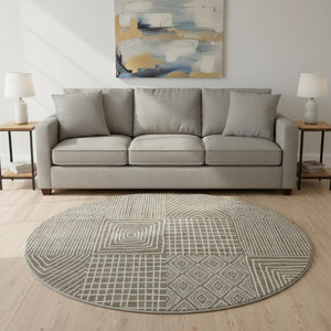 HomeRoots 8' Washable Round Rug with Brown and Beige Geometric Design, UV Protection, Stain Resistant & Non-Slip 678044