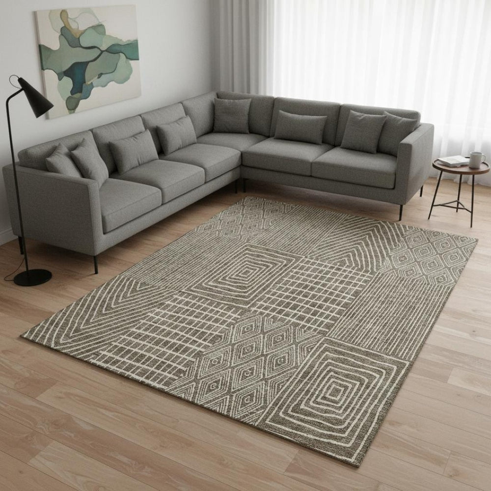HomeRoots 10' X 14' Brown And Beige Geometric Area Rug – Durable, Stain-Resistant, UV Protected for Homes 678047
