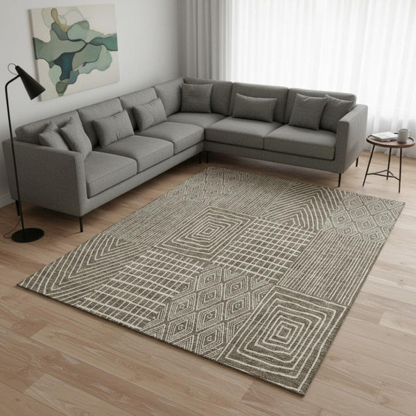 HomeRoots 10' X 14' Brown And Beige Geometric Area Rug – Durable, Stain-Resistant, UV Protected for Homes 678047