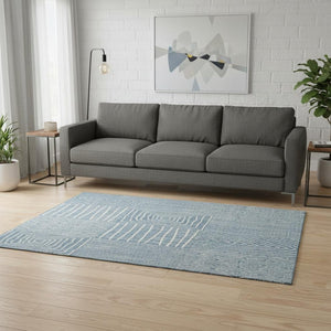 HomeRoots 5' X 8' Denim Blue & Ivory Geometric Area Rug - Washable, UV-Protected, Stain-Resistant Design! 678049