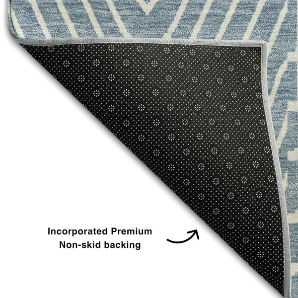 HomeRoots 5' X 8' Denim Blue & Ivory Geometric Area Rug - Washable, UV-Protected, Stain-Resistant Design! 678049