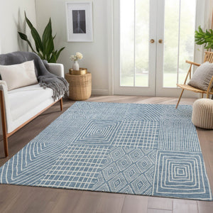 HomeRoots 5' X 8' Denim Blue & Ivory Geometric Area Rug - Washable, UV-Protected, Stain-Resistant Design! 678049