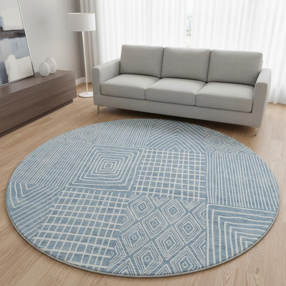 HomeRoots 8' Denim Blue Geometric Washable Round Rug - UV Protected, Stain Resistant, Perfect for High-Traffic Areas 678050