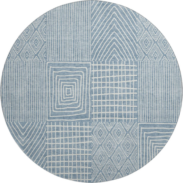 HomeRoots 8' Denim Blue Geometric Washable Round Rug - UV Protected, Stain Resistant, Perfect for High-Traffic Areas 678050