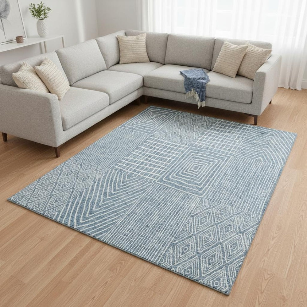 HomeRoots 8' X 10' Geometric Denim Blue & Ivory Area Rug - Washable, UV-Protected, Perfect for High-Traffic Spaces 678051