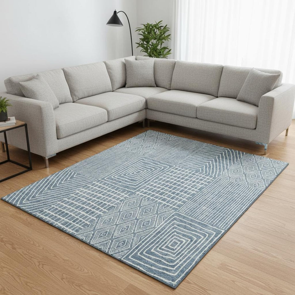 HomeRoots 9' Stylish Denim Blue & Ivory Geometric Washable Area Rug - Durable, Stain-Resistant & UV Protected 678052
