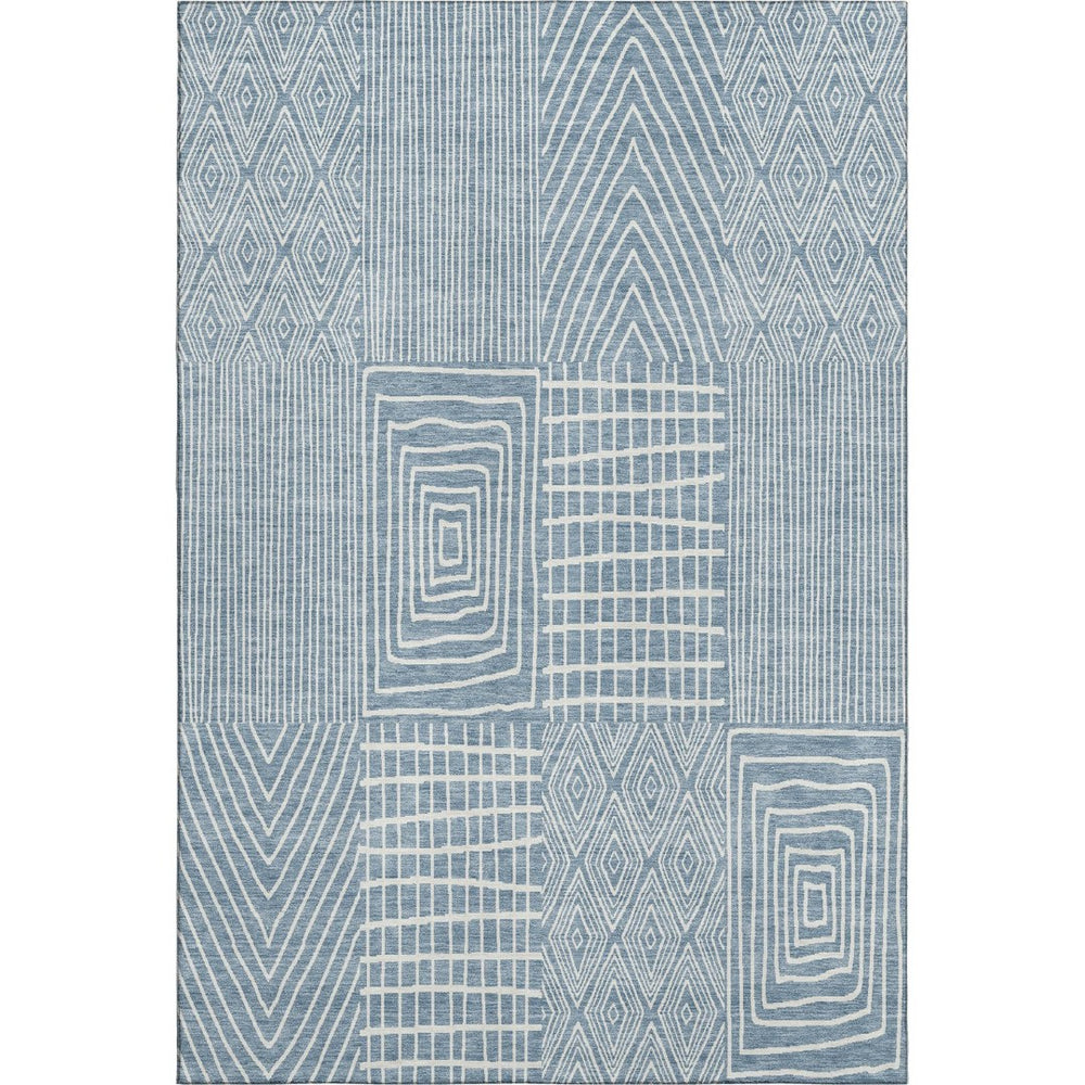 HomeRoots 9' Stylish Denim Blue & Ivory Geometric Washable Area Rug - Durable, Stain-Resistant & UV Protected 678052