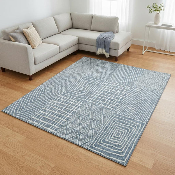 HomeRoots 10' X 14' Denim Blue Geometric Area Rug - Washable, Stain Resistant & UV Protected for Modern Spaces 678053