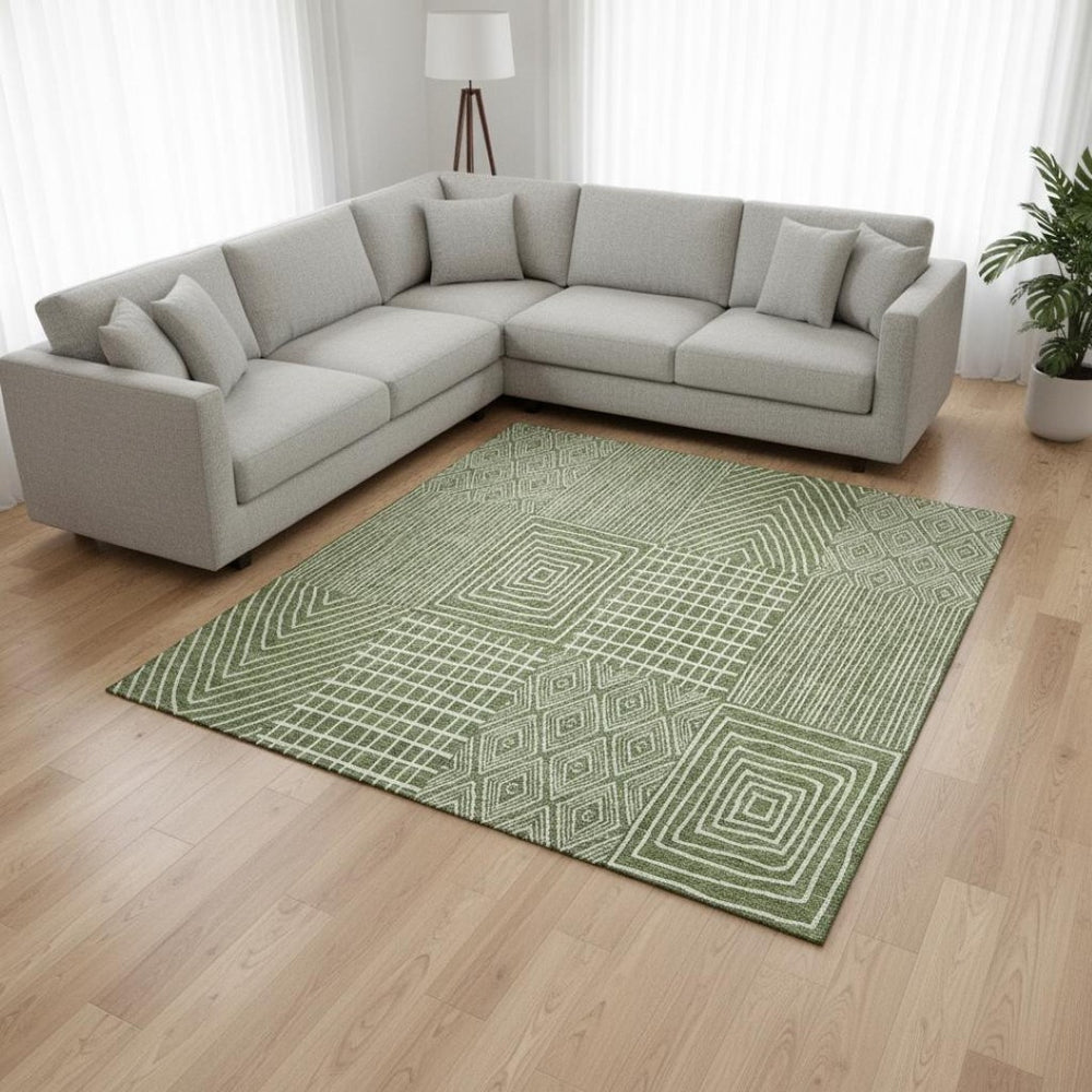 HomeRoots 8' X 10' Green & Ivory Geometric Washable Area Rug - Durable, Stain Resistant, UV Protected Design 678057