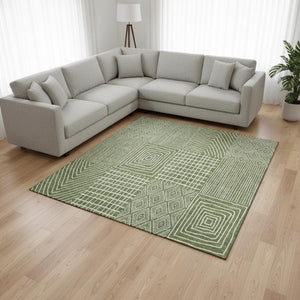 HomeRoots 8' X 10' Green & Ivory Geometric Washable Area Rug - Durable, Stain Resistant, UV Protected Design 678057