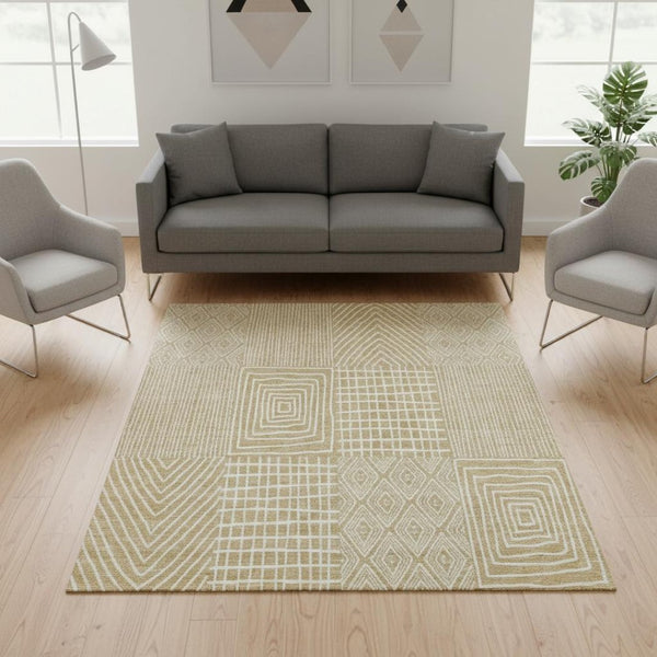HomeRoots 5' X 8' Gold And Ivory Geometric Area Rug - Washable, UV-Protected, Stylish & Durable for Busy Homes 678061