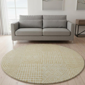 HomeRoots 8' Gold And Ivory Geometric Round Rug - Washable, UV-Protected, Stylish Design for Busy Homes 678062