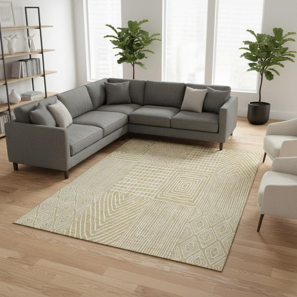 HomeRoots 8' X 10' Gold and Ivory Geometric Area Rug - Modern, Washable, Stain-Resistant with UV Protection! 678063