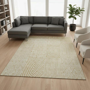 HomeRoots 9' X 12' Gold and Ivory Geometric Area Rug – Stain-Resistant, Washable, UV-Protected for High-Traffic Homes 678064