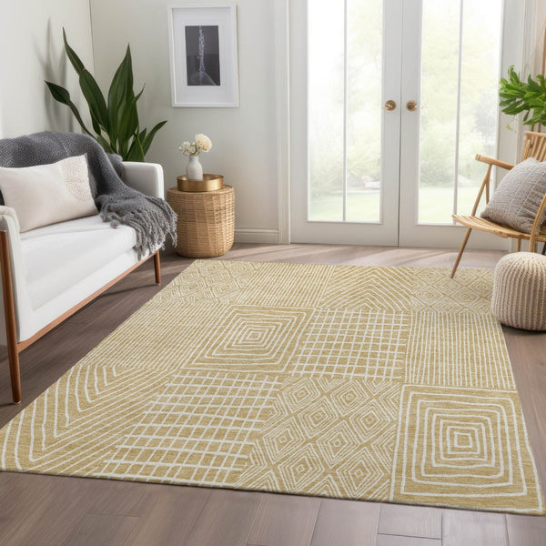 HomeRoots 10' X 14' Gold And Ivory Geometric Area Rug - Washable, UV Protected, Perfect for Family Spaces 678065