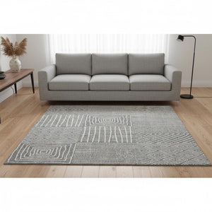 HomeRoots 8' X 10' Gray and Ivory Geometric Area Rug – Washable, UV-Protected, Stain-Resistant for Busy Homes 678069