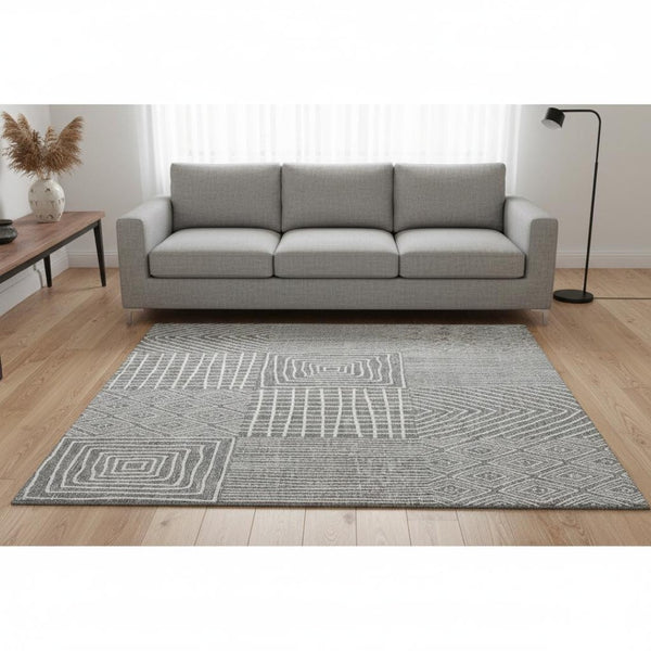 HomeRoots 8' X 10' Gray and Ivory Geometric Area Rug – Washable, UV-Protected, Stain-Resistant for Busy Homes 678069