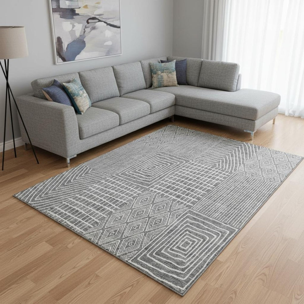 HomeRoots 9' X 12' Gray and Ivory Geometric Washable Area Rug with UV Protection for High-Traffic Spaces 678070