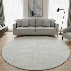 HomeRoots 8' Ivory and Cream Geometric Round Rug - Washable, UV-Protected, Stylish Comfort for Any Space 678074