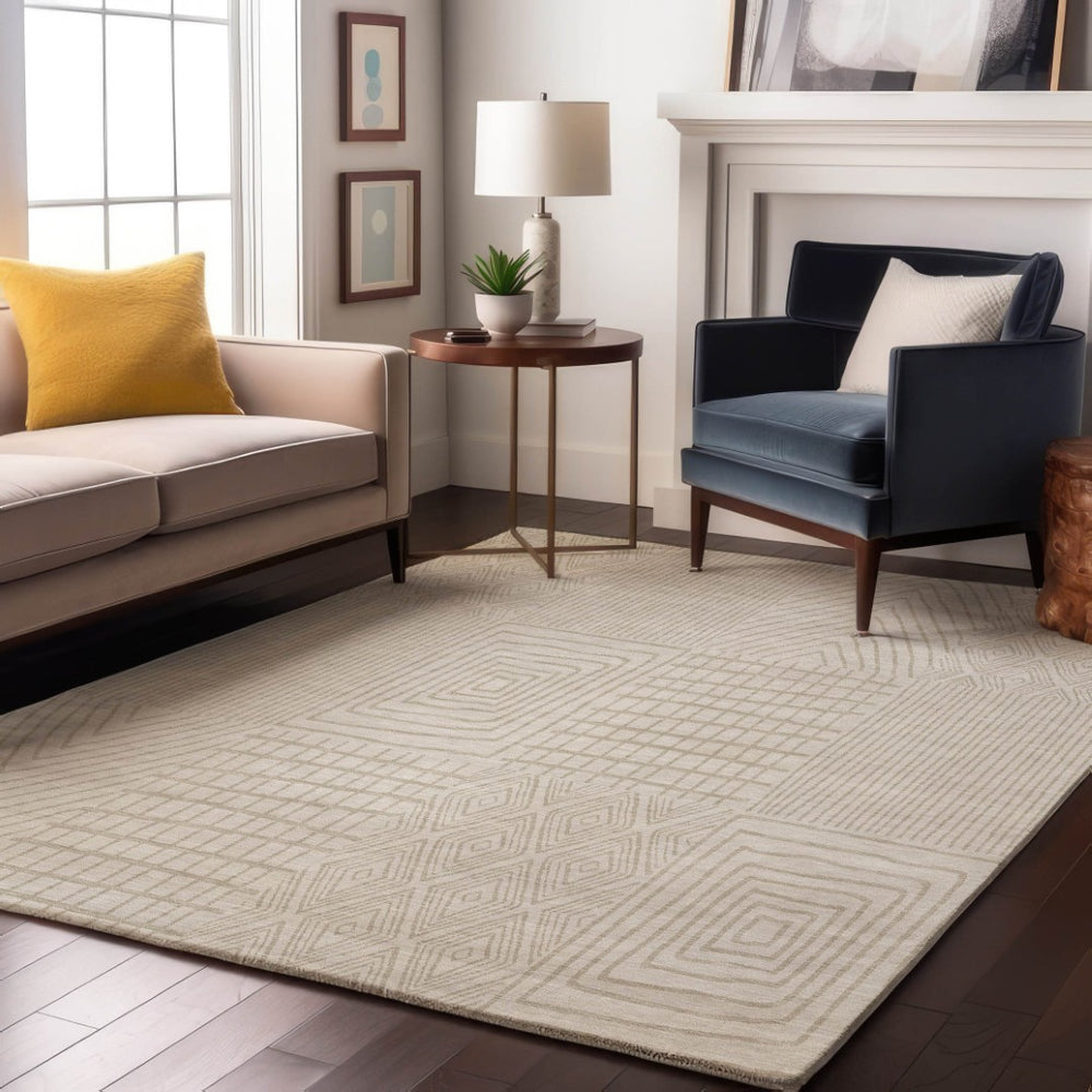 HomeRoots 10' X 14' Ivory and Cream Geometric Area Rug - Stylish, UV-Protected, Washable & Stain-Resistant Design 678077