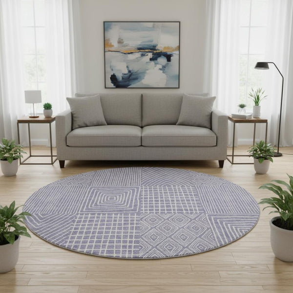 HomeRoots 8' Stylish Lavender & Ivory Geometric Round Rug - Washable, UV-Protected, Stain-Resistant Design 678080