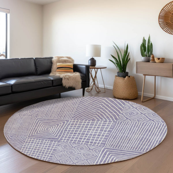 HomeRoots 8' Stylish Lavender & Ivory Geometric Round Rug - Washable, UV-Protected, Stain-Resistant Design 678080