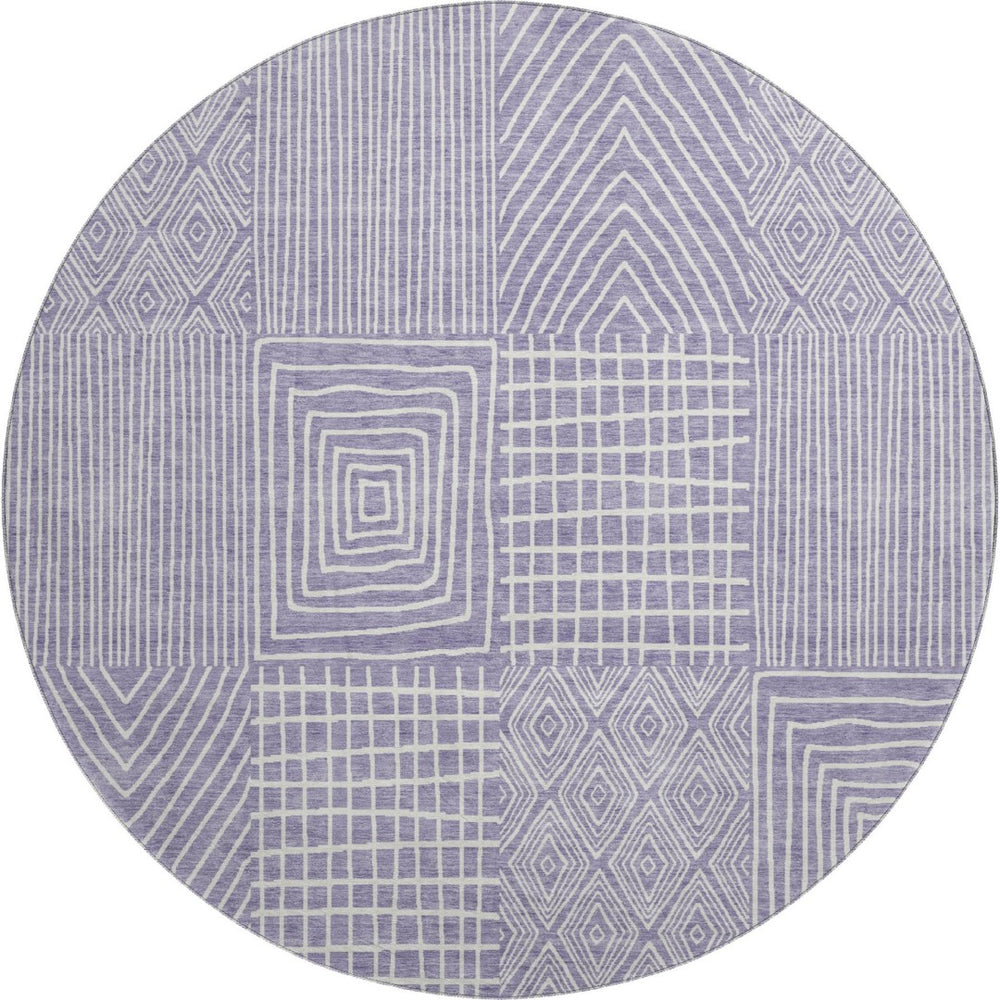HomeRoots 8' Stylish Lavender & Ivory Geometric Round Rug - Washable, UV-Protected, Stain-Resistant Design 678080