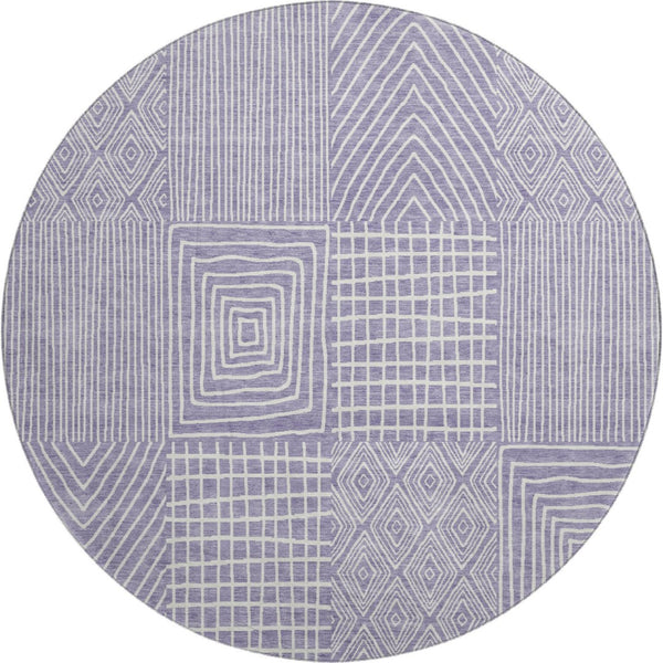 HomeRoots 8' Stylish Lavender & Ivory Geometric Round Rug - Washable, UV-Protected, Stain-Resistant Design 678080