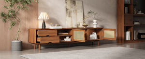 English Elm 78 Inch Rattan Media Console with Rubberwood Legs Walnut Finish Living Room Storage N710P407810P