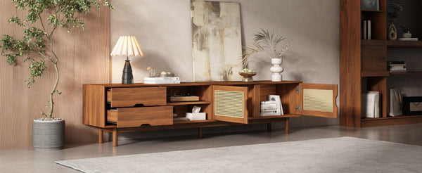 English Elm 78 Inch Rattan Media Console with Rubberwood Legs Walnut Finish Living Room Storage N710P407810P