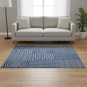 HomeRoots 5' X 8' Navy Blue and Ivory Geometric Area Rug - Durable, Washable, UV-Protected for Stylish Living Spaces 678085