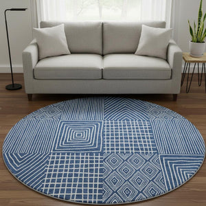 HomeRoots 8' Stylish Navy Blue and Ivory Geometric Round Rug - Washable, UV Protected, Durable for High Traffic Areas 678086