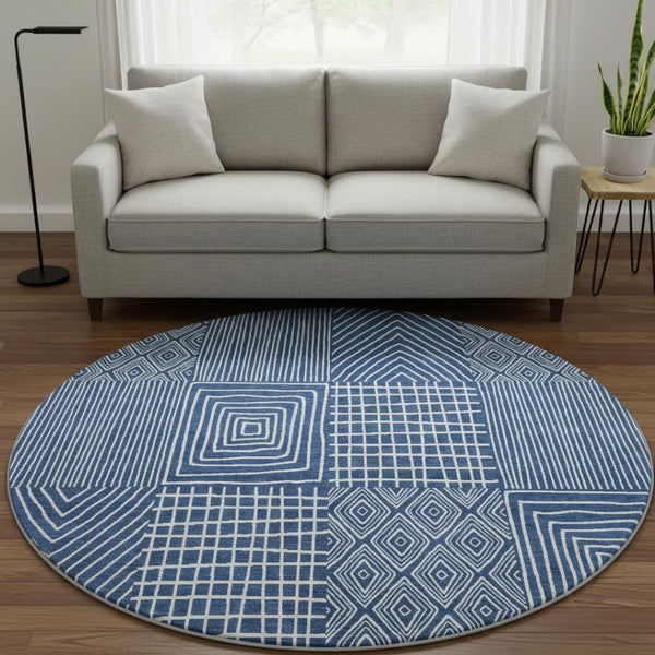 HomeRoots 8' Stylish Navy Blue and Ivory Geometric Round Rug - Washable, UV Protected, Durable for High Traffic Areas 678086