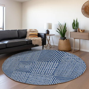 HomeRoots 8' Stylish Navy Blue and Ivory Geometric Round Rug - Washable, UV Protected, Durable for High Traffic Areas 678086