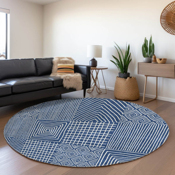 HomeRoots 8' Stylish Navy Blue and Ivory Geometric Round Rug - Washable, UV Protected, Durable for High Traffic Areas 678086