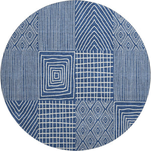 HomeRoots 8' Stylish Navy Blue and Ivory Geometric Round Rug - Washable, UV Protected, Durable for High Traffic Areas 678086