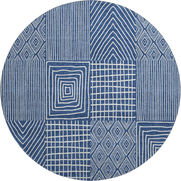 HomeRoots 8' Stylish Navy Blue and Ivory Geometric Round Rug - Washable, UV Protected, Durable for High Traffic Areas 678086