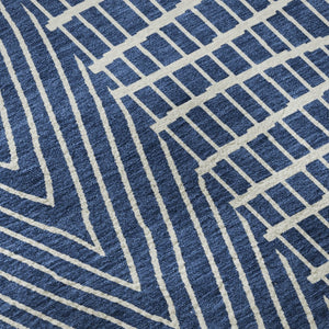 HomeRoots 8' Stylish Navy Blue and Ivory Geometric Round Rug - Washable, UV Protected, Durable for High Traffic Areas 678086