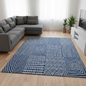 HomeRoots 8' X 10' Navy Blue & Ivory Geometric Area Rug - Washable, UV Protected, Stylish & Durable Design 678087