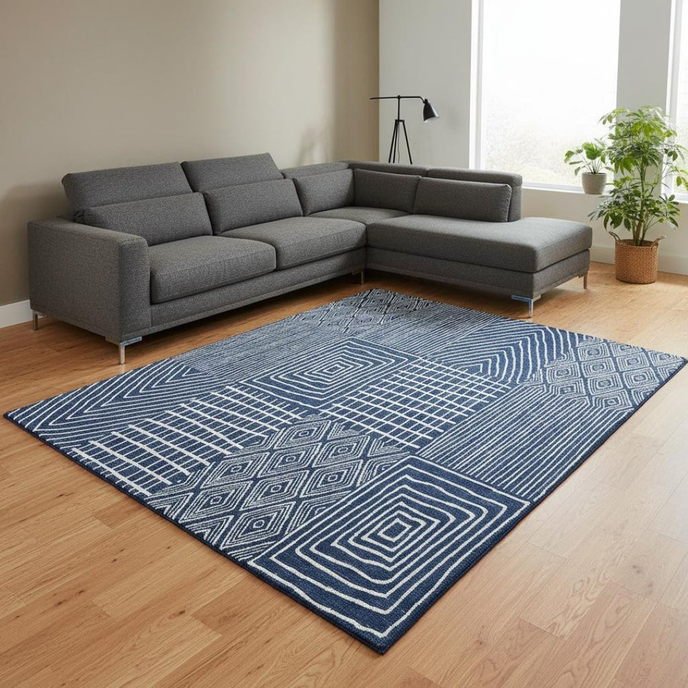 HomeRoots 9' X 12' Navy Blue and Ivory Geometric Area Rug - Washable, UV-Protected, Stylish for Family Life 678088