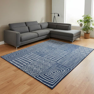 HomeRoots 9' X 12' Navy Blue and Ivory Geometric Area Rug - Washable, UV-Protected, Stylish for Family Life 678088